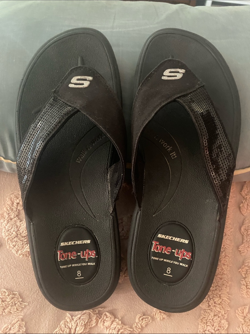 Skechers Black Tone-Ups Women's Flip Flop Sandals